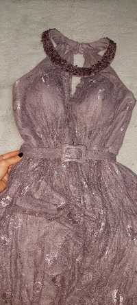 Rochie de seara, lunga, lila, din dantela cu sclipi în material