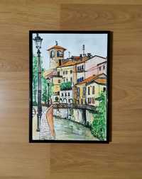 Tablou inramat pictura acuarela A4 cu peisaj citadin din Padova Italia