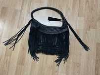 Geanta poseta nu Zara Musette  piele neagra franjuri boho