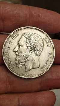 Vand moneda argint 5 franci 1867 Belgia varianta foarte rara F. 7mare