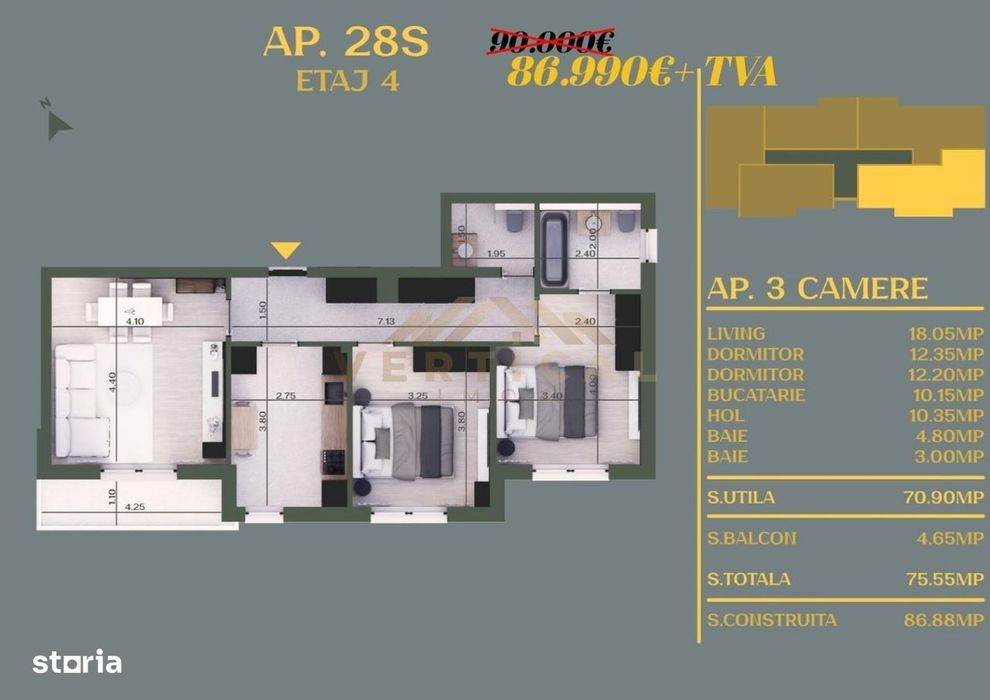 De vanzare / Apartament 3 Camere / Berceni-Vidra