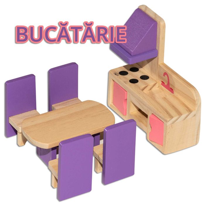 Casuta de papusi cu mobilier din lemn, 55x36x53 cm