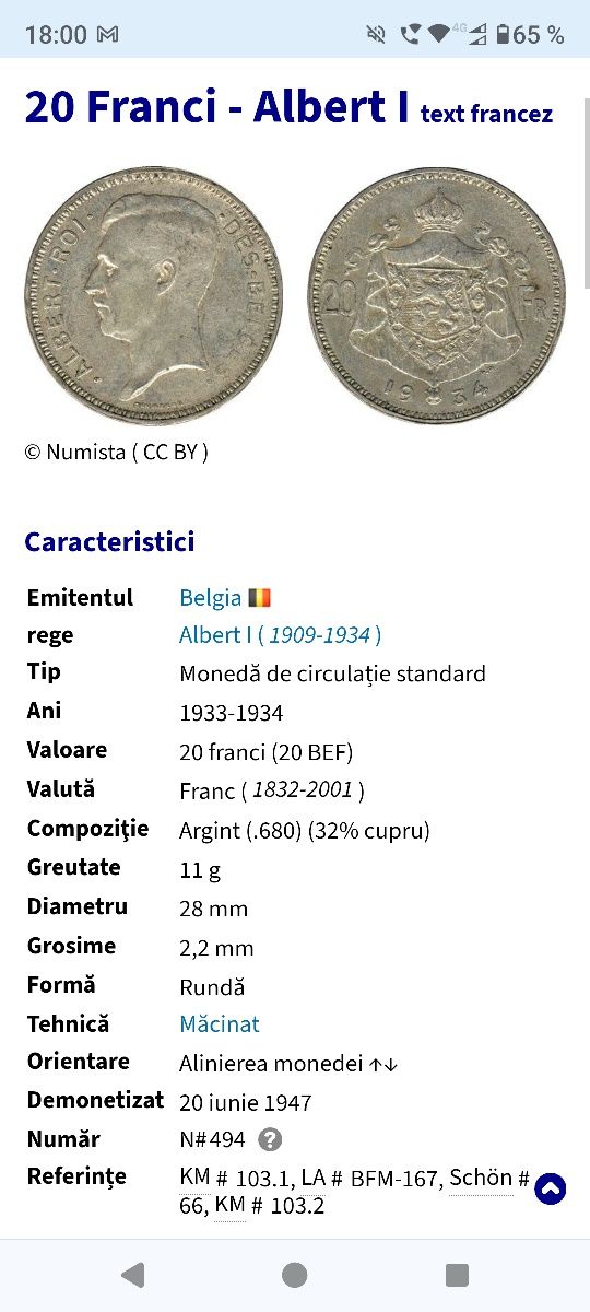 Moneda Argint 20 Franci 1934 Belgia