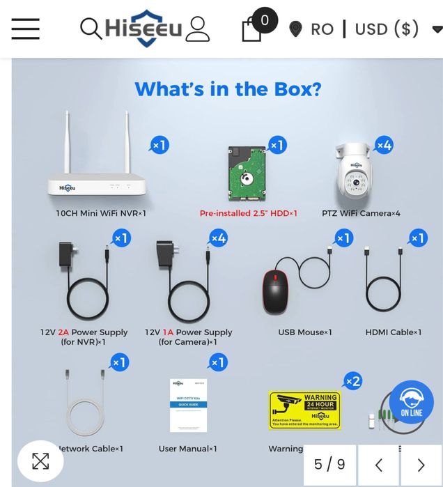 Kit de Supraveghere, Wireless, Hiseeu, 5MP,  4 Camere, IP66, Alexa