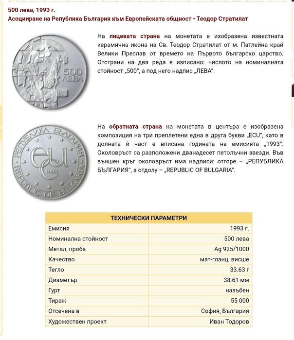 Сребърна 500лв 1993г