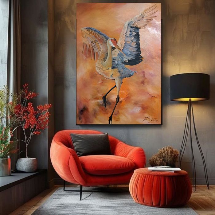 Картина маслом "Цапля в оранжевом"