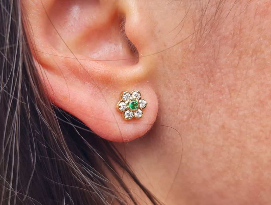 Cercei aur galben 14k cu diamante și tsavorit natural