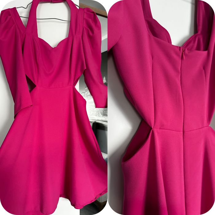 Розова къса рокля с буфан ръкави