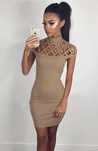 NOU Rochie dama crem mulata S / M material elastic decolteu decupat