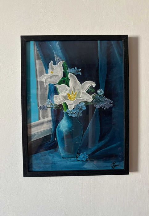 Tablou pictat manual, pânză cartonată. 30x40 cm. "Buchet de crini"