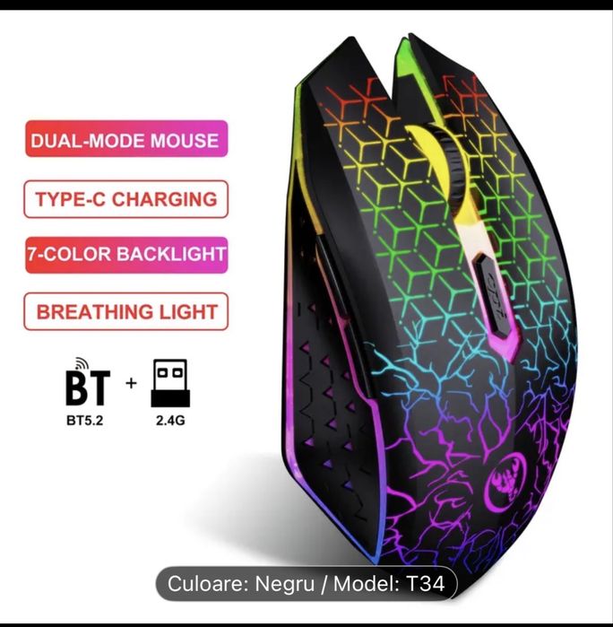 Mouse wireless HXSJ-T34 cu mod dublu, iluminare color,
