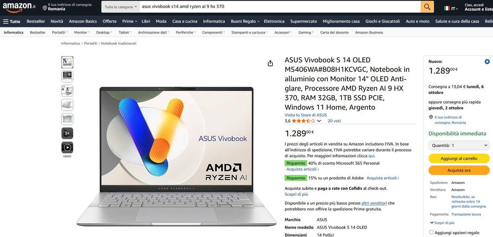 Asus Vivobook S14 OLED Ryzen AI 9 HX 370 32GB 1TB Radeon 890 SIGILAT