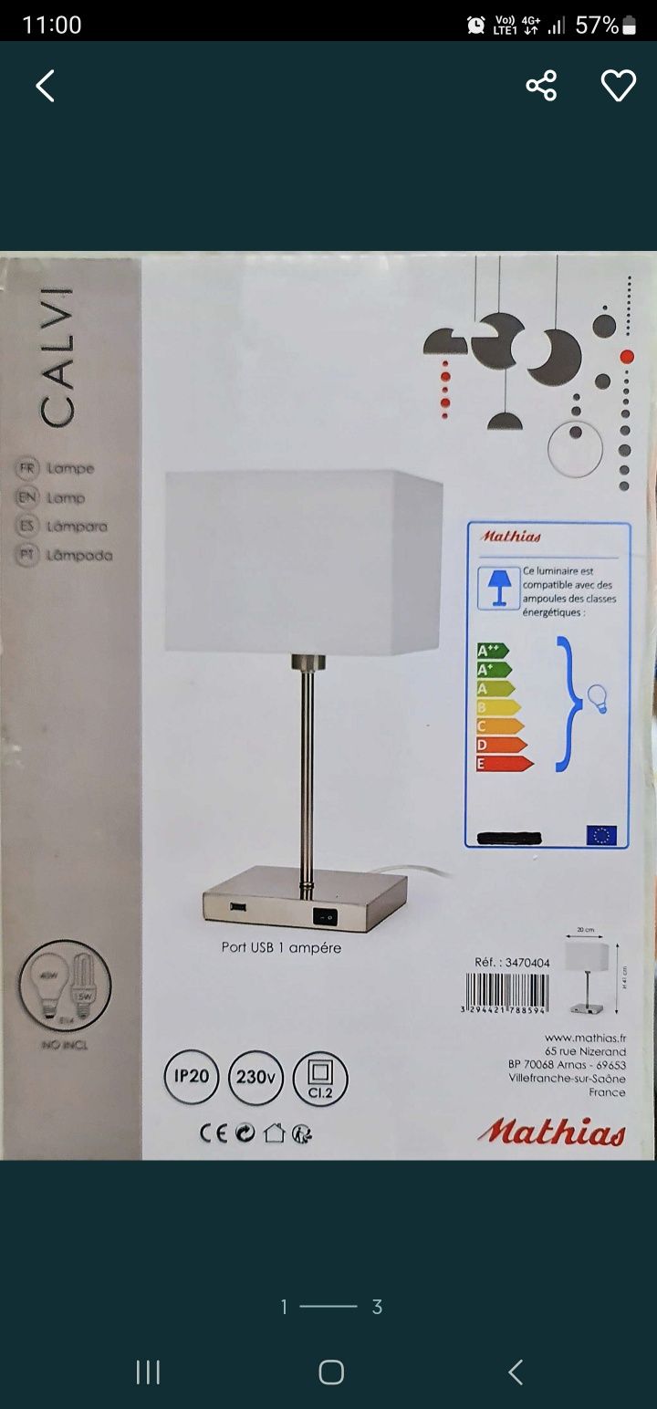 Veioza CALVI cu port USB 1 amper incarcare telefon