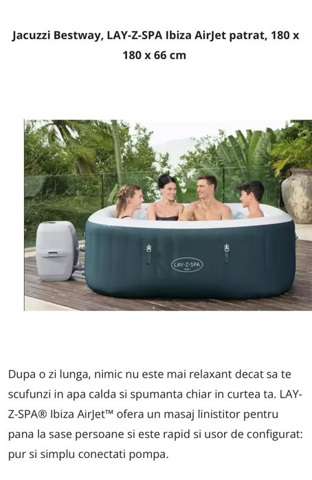 Jacuzzi Bestway, LAY-Z-SPA Ibiza AirJet patrat, 180 x 180 x 66 cm