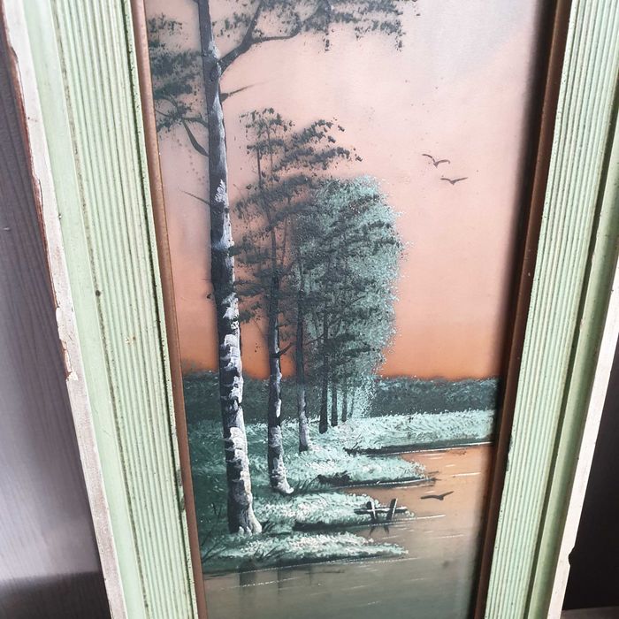 Стари малки картини „Езерен пейзаж“, рисувани върху стъкло