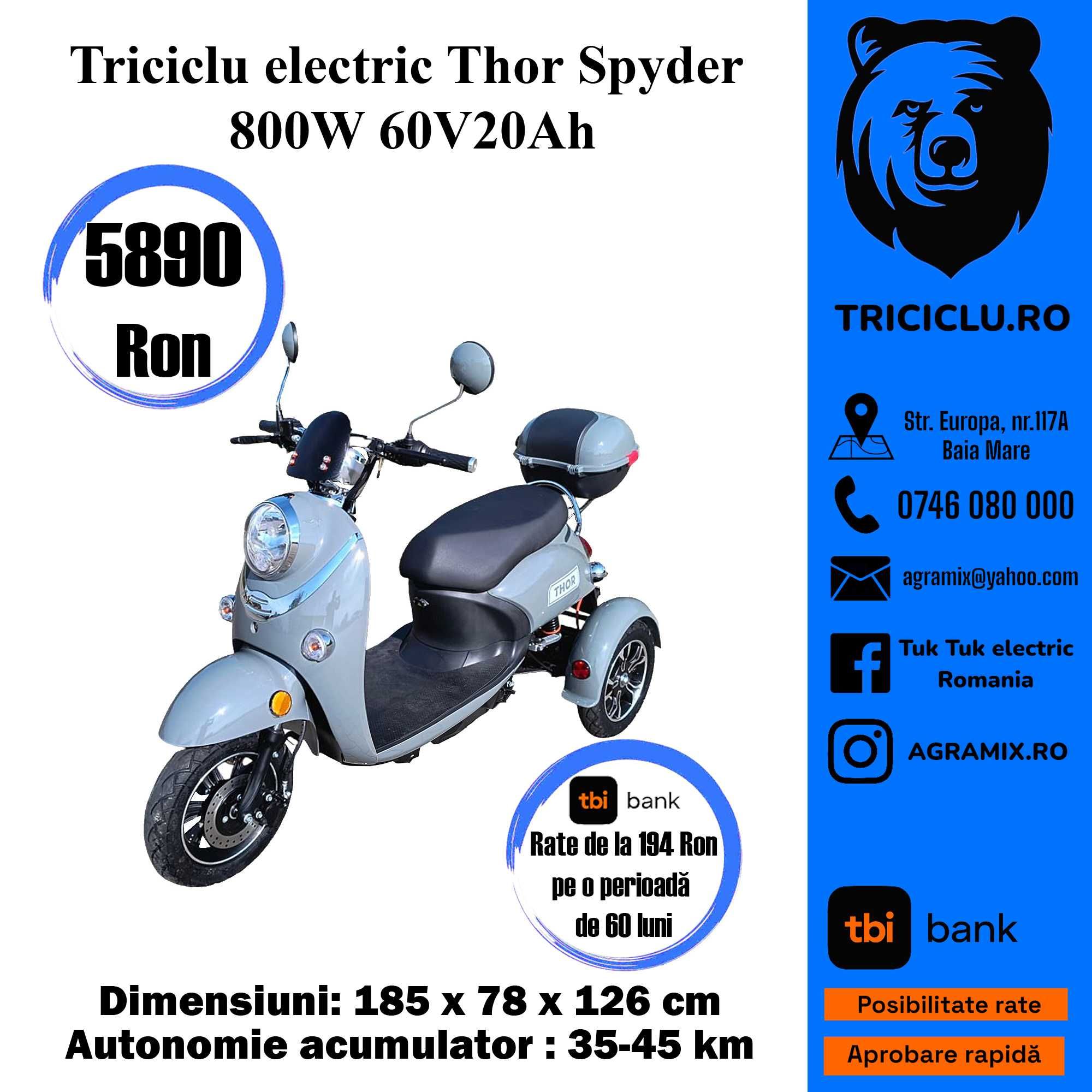 Triciclu electric Thor Spyder 800W 60V20Ah nou Agramix