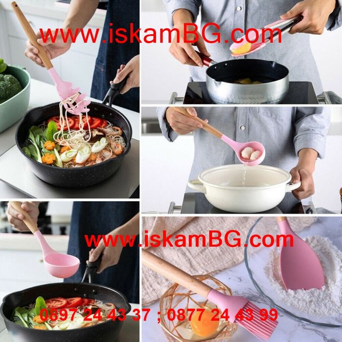Комплект от 11 броя силиконови кухненски прибори за готвене с поставка