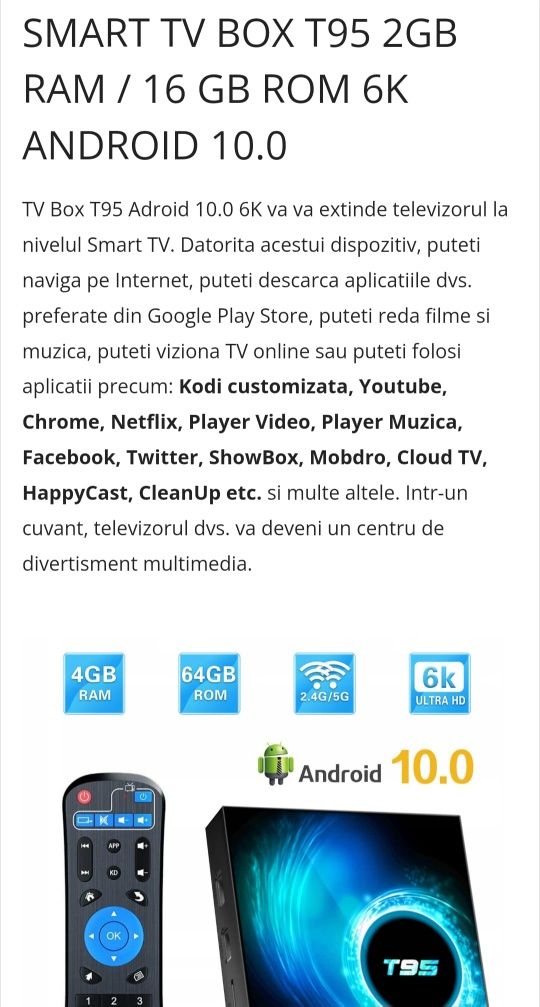 Mini Pc smart TV Box T95, Android 10, 2GB RAM, 16 GB ROM, 6K, Wifi