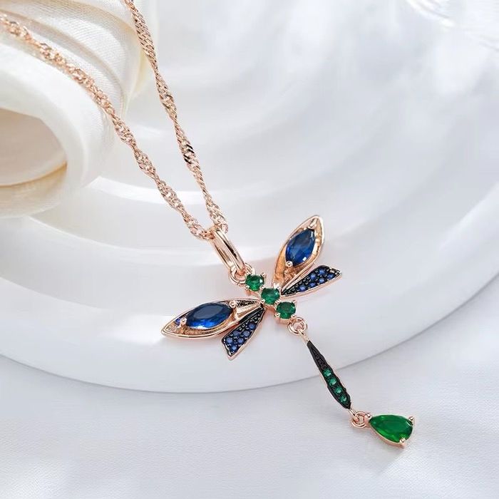 Colier si Pandantiv Luxury Dragonfly, placate cu aur roz de 14k