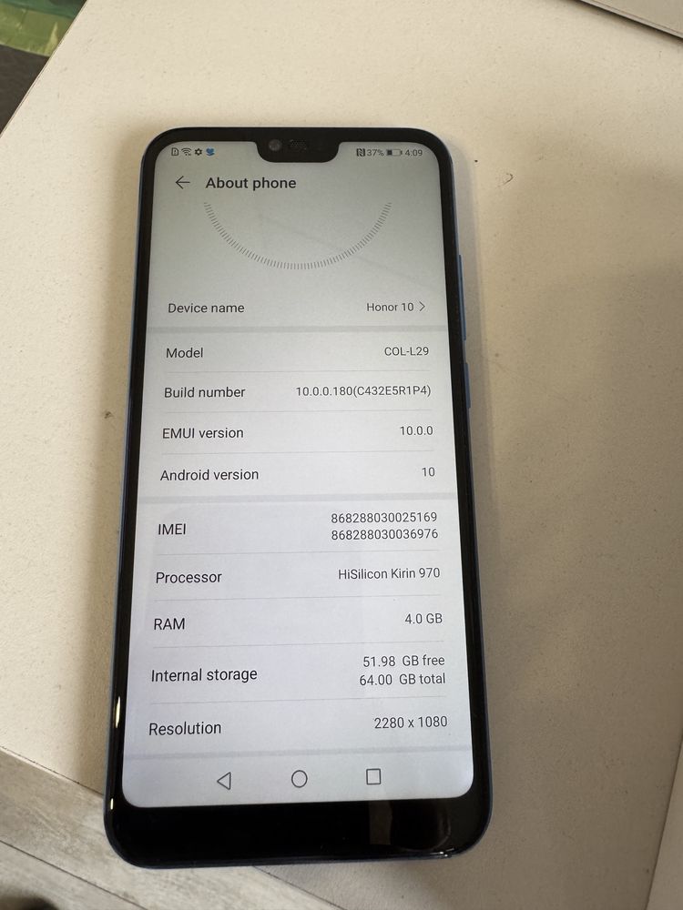 Honor 10 blue 64gb 4ram