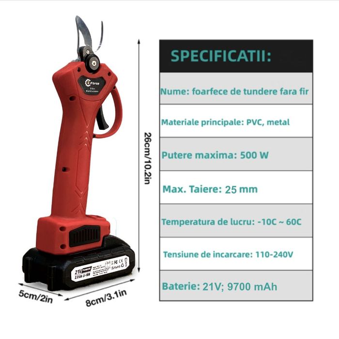 Foarfeca Electrica pentru gradina, 2 Acumulatori+Valiza+Lame rezerva