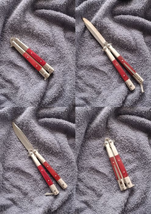 Cuțit tip fluture (balisong), mărime medie, roșu–argintiu