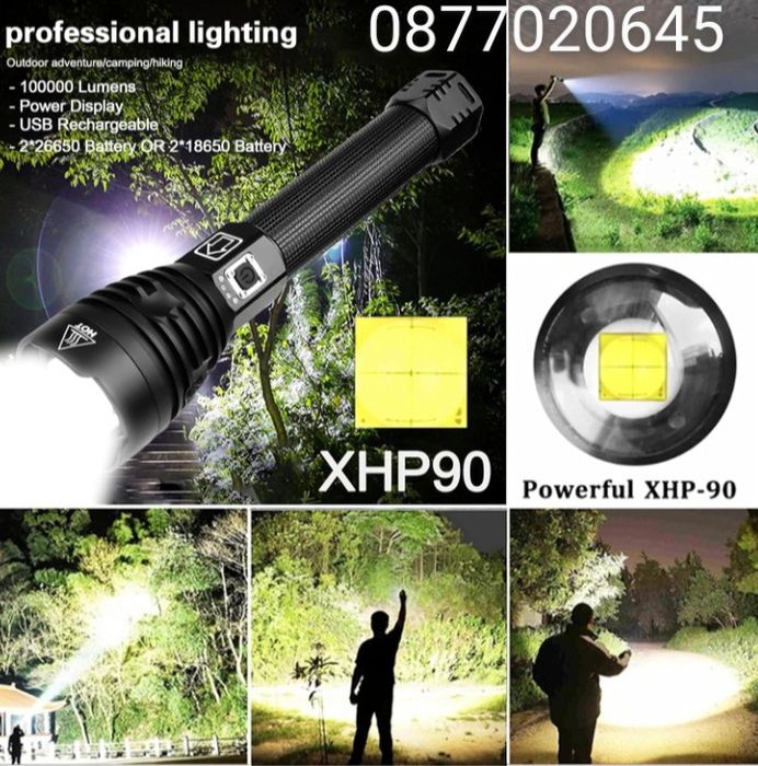Мощен прожектор XHP90 тактически лед фенер P90 зареждане USB къмпинг