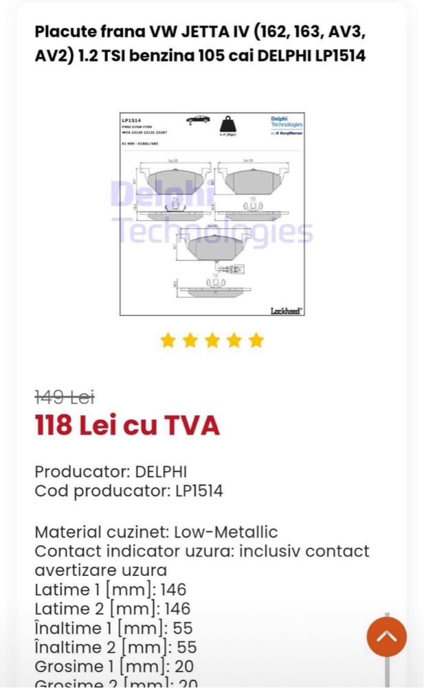 Set plăcuțe frână DELPHI pentru VW JETTA MK6