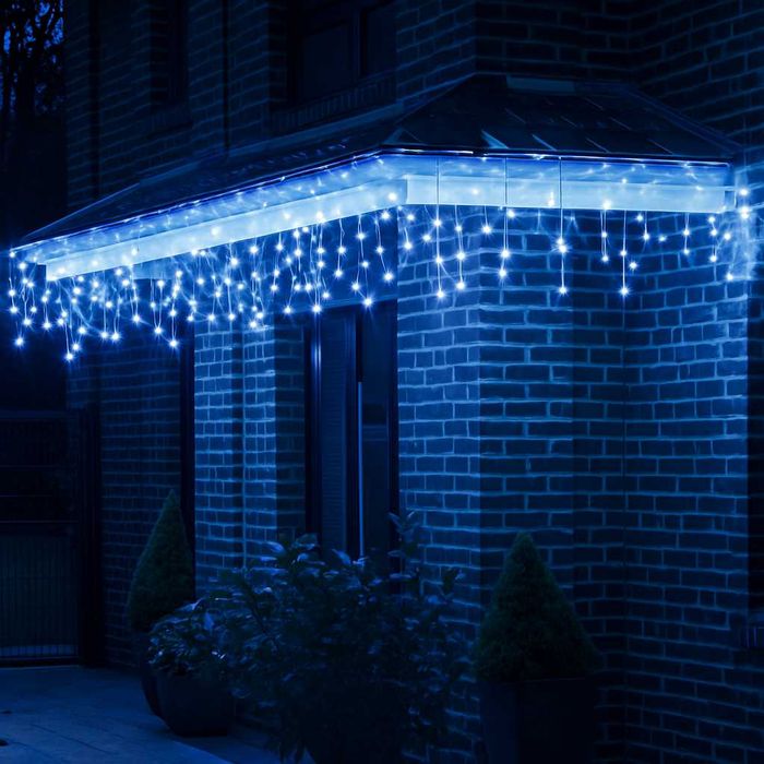 Коледни външни лампички LED завеса снежно синя 12м с ФЛАШ ЕФЕКТ бял