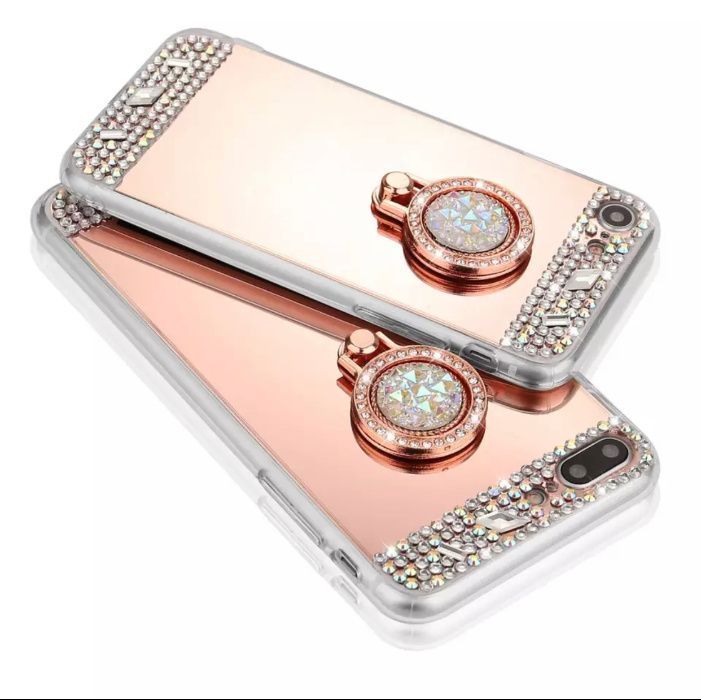 Husa tip oglinda cu pietricele + inel pt. iPhone SE 2020, 6, 6s, 7, 8