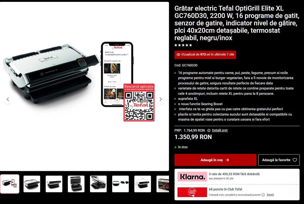 Gratar electric Tefal OptiGrill Elite XL GC760D30
