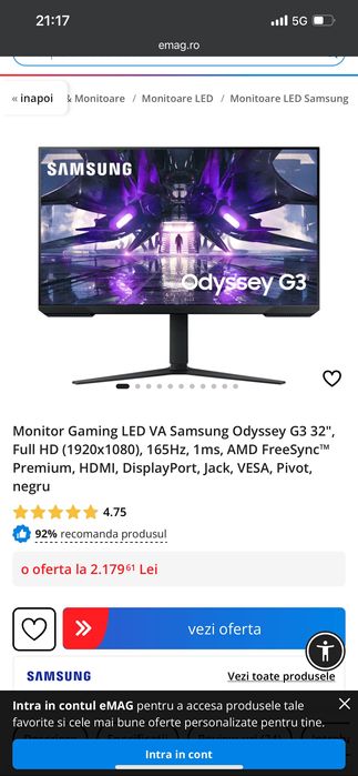 Monitor Samsung Odyssey de 32 de inch