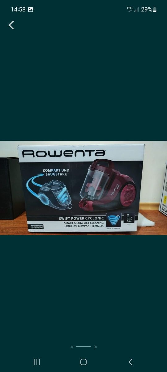 Aspirator Rowenta, 750W, Fără sac, capacitate 1,2l, Culoare roșu vin,