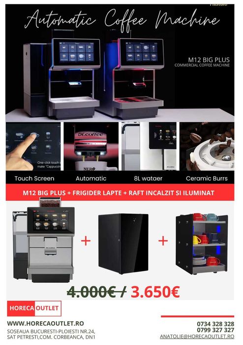Dr. Coffee M12BIG- Espressor automat cafea cu frigider pentru lapte