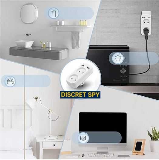 Cameră spion Wi-Fi 1080p ascunsă în adaptor de priză dublu cu USB 
.