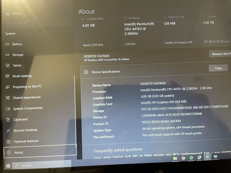 Hp 1,36 TB memorie ecran touchscreen