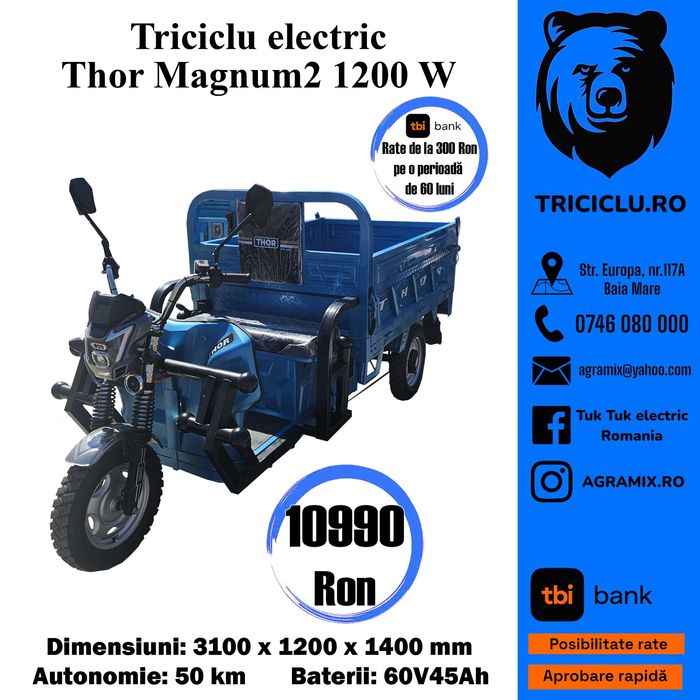 Triciclu electric marca THOR MAGNUM 2- 1200 de W  Agramix NOU