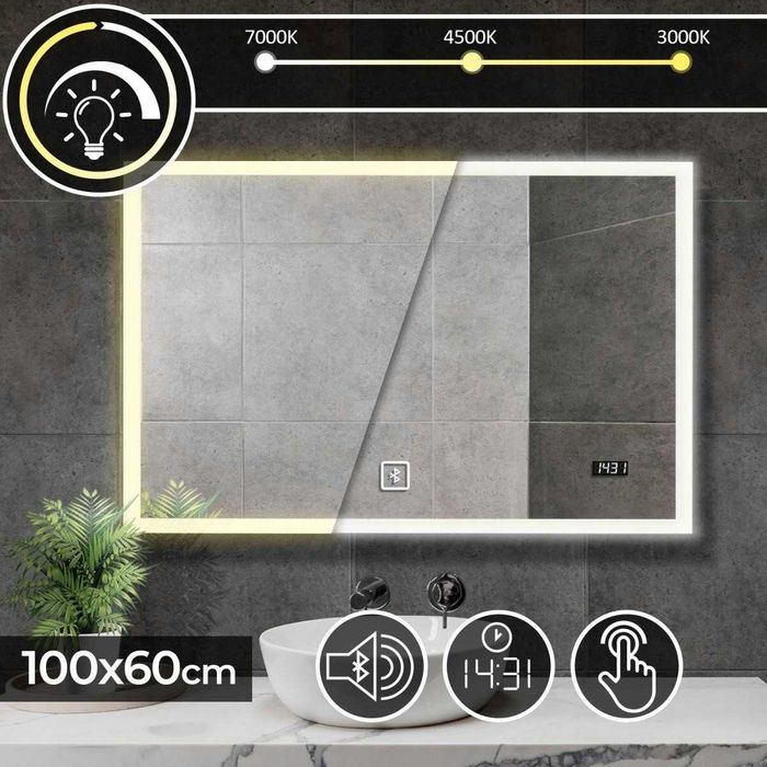 Огледало за баня 100x60 см С LED осветление, часовник+bluetooth