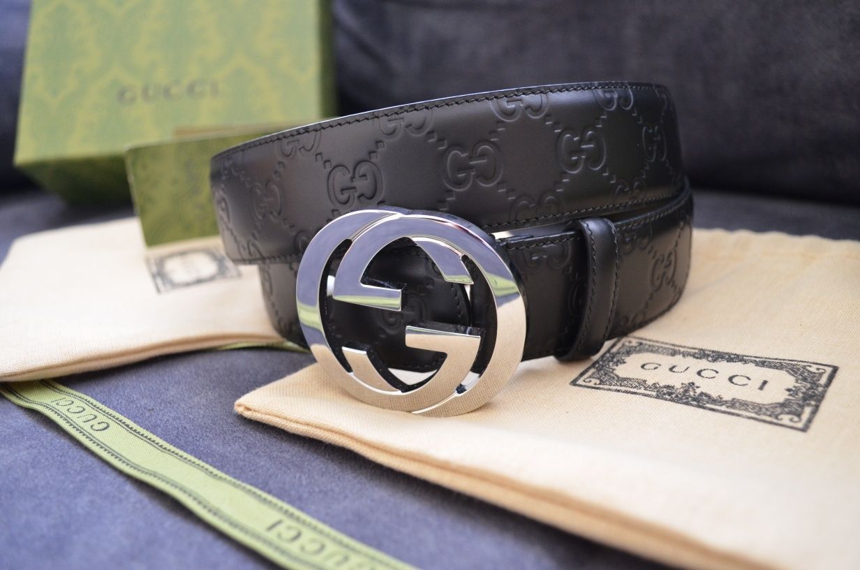 Колан гучи кожен в черно със сребърна катарама / gucci belt leather