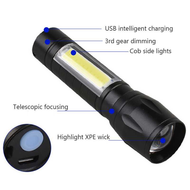 Фенерче LED Работна лампа, USB, Алуминиев корпус - 3 в 1 с фокус