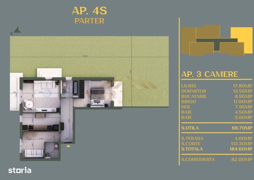 Apartamente 3 Camere cu gradina113mp, Berceni - Vidra