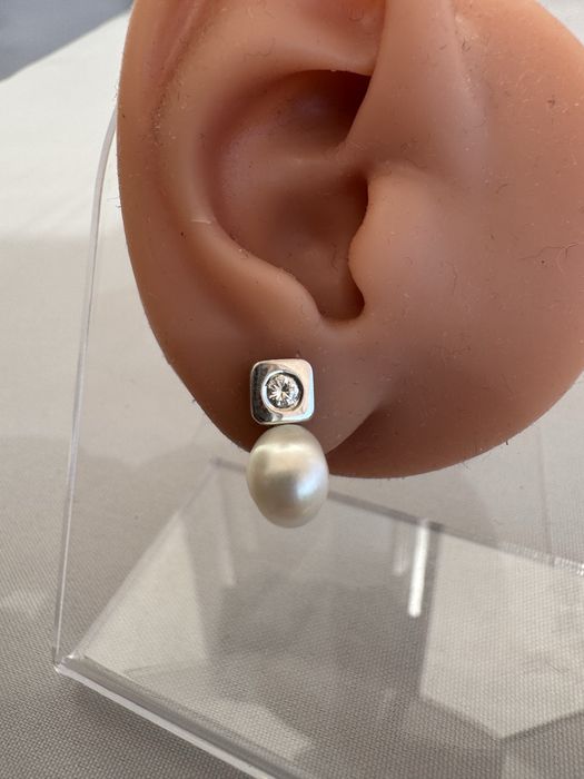 Cercei aur, perla si diamant
