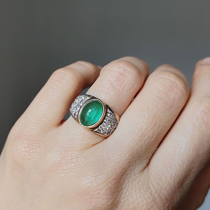 inel aur 18k, smarald natural, diamante, certif.