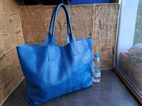 Нова!голяма синя чанта,торба-естествена кожа,