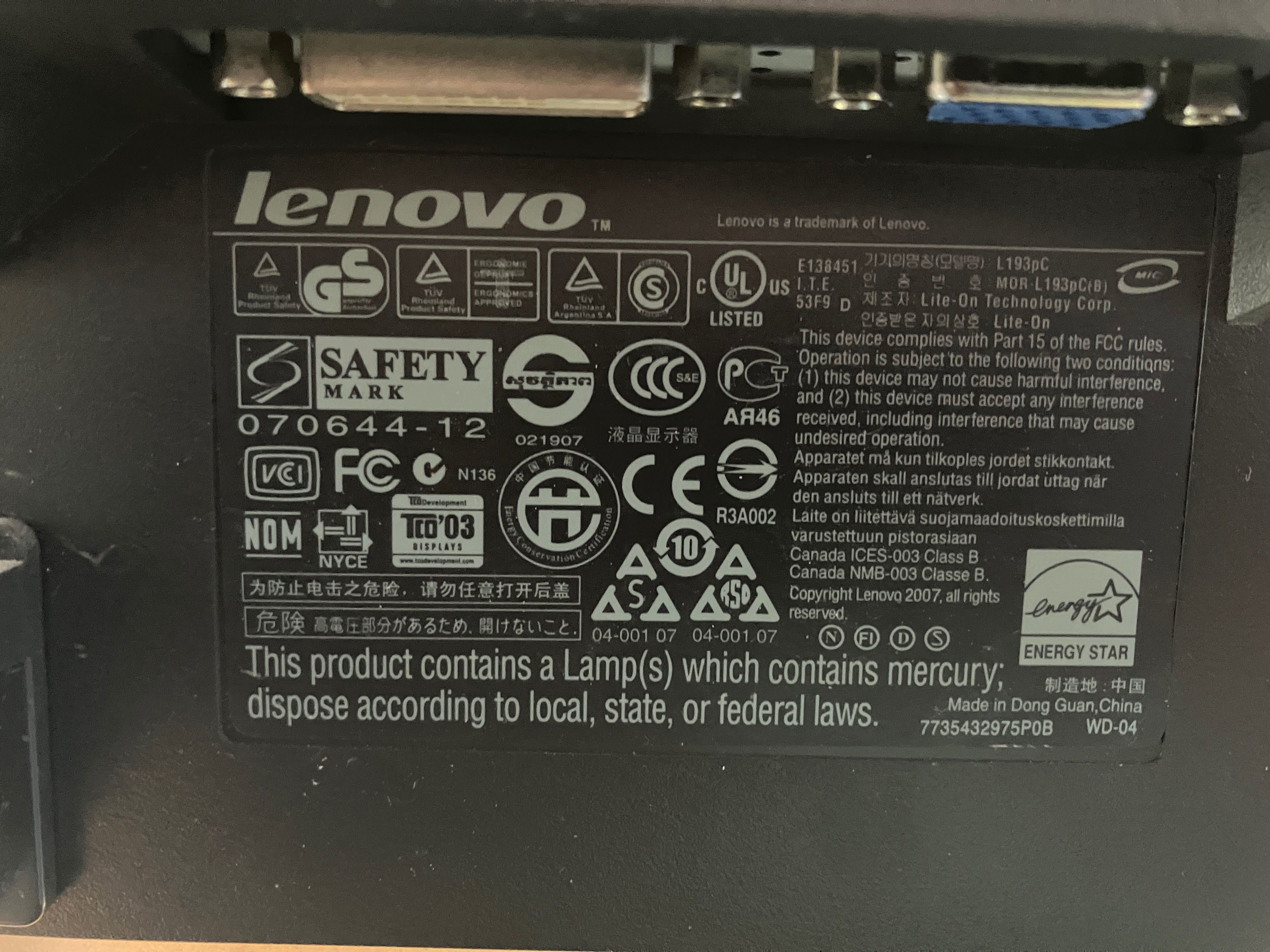 Монитор Lenovo L193pC VGA/DVI