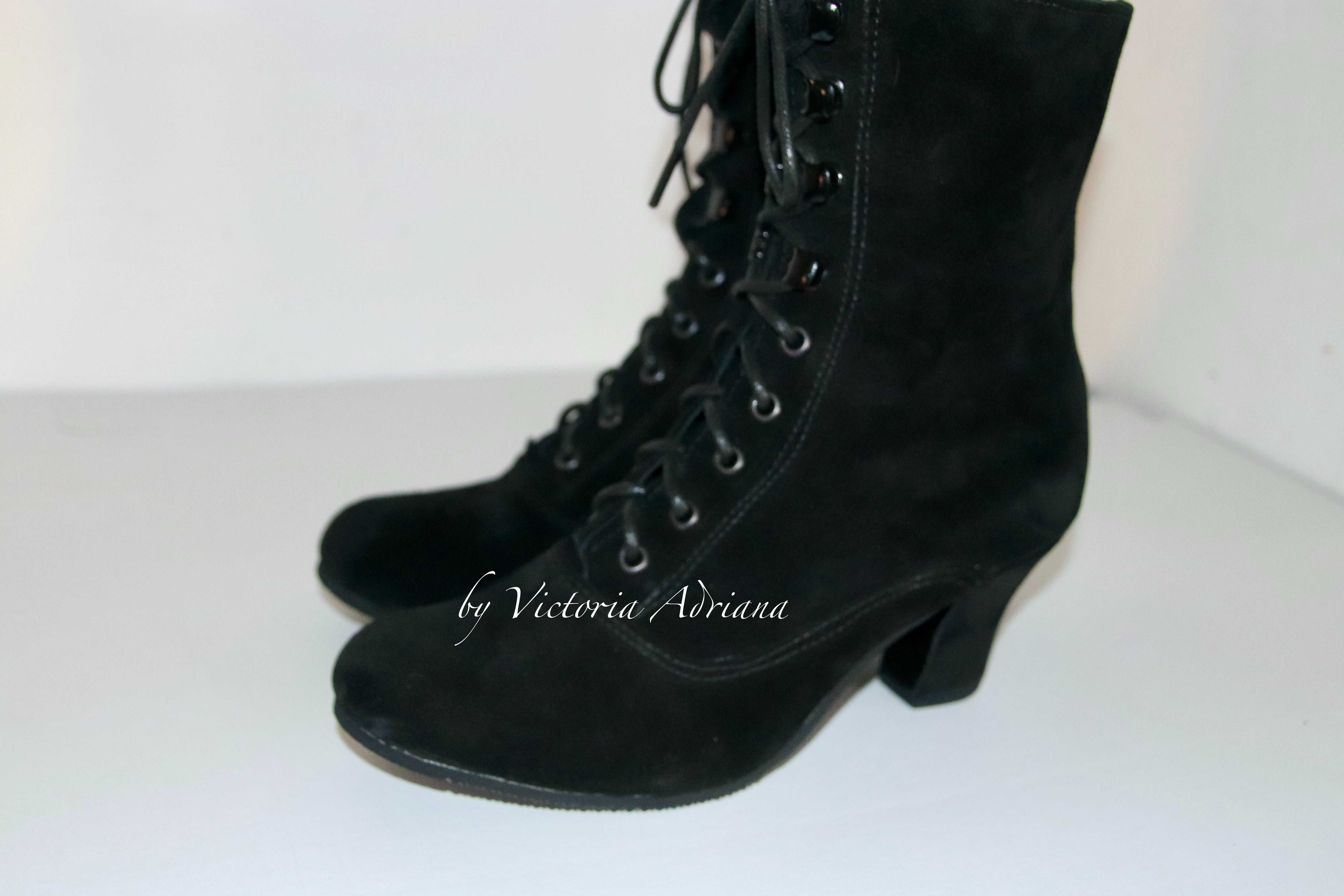 Botine stil Victorian Noi din piele intoarsa neagra Masura 39