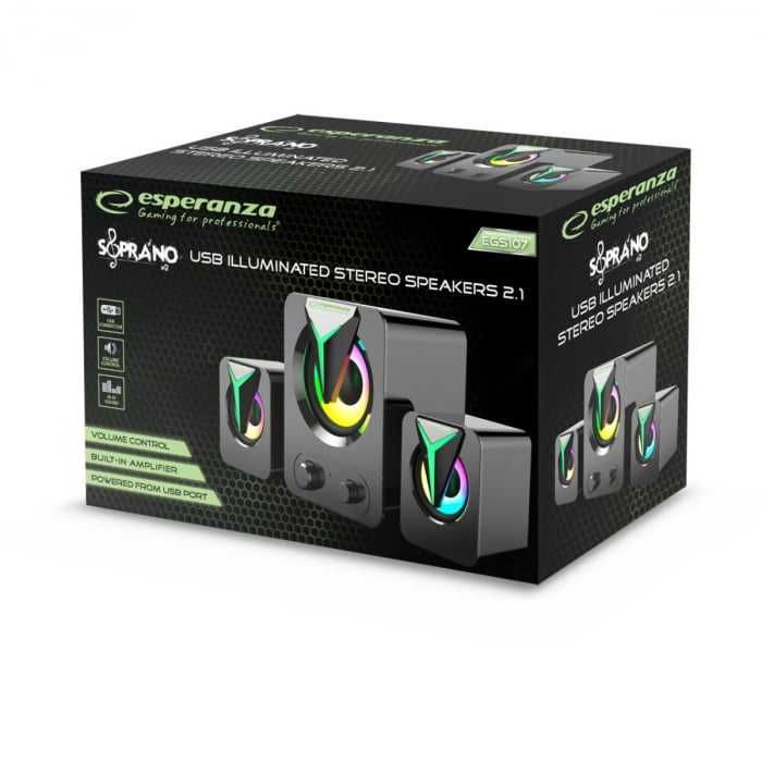 Boxe stereo 2.1 Soprano, 10W, alimentare USB, iluminare RGB, negre,noi