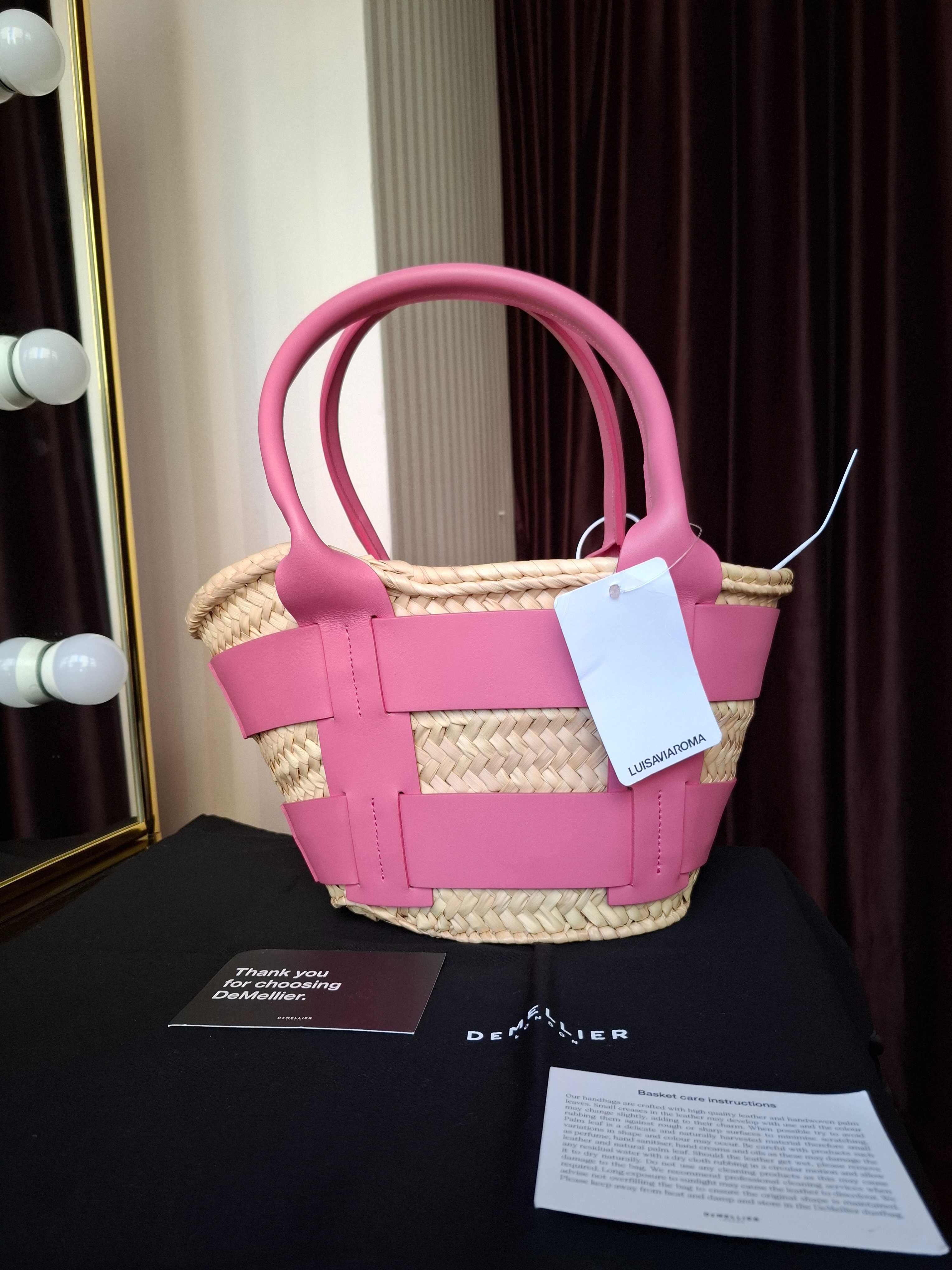 DEMELLIER Geanta De Plajă Originală Pink Mini Santorini Raffia Tote
