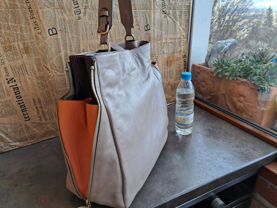 дамска чанта,Jil Sander,бежова,кожена торба-естествена кожа