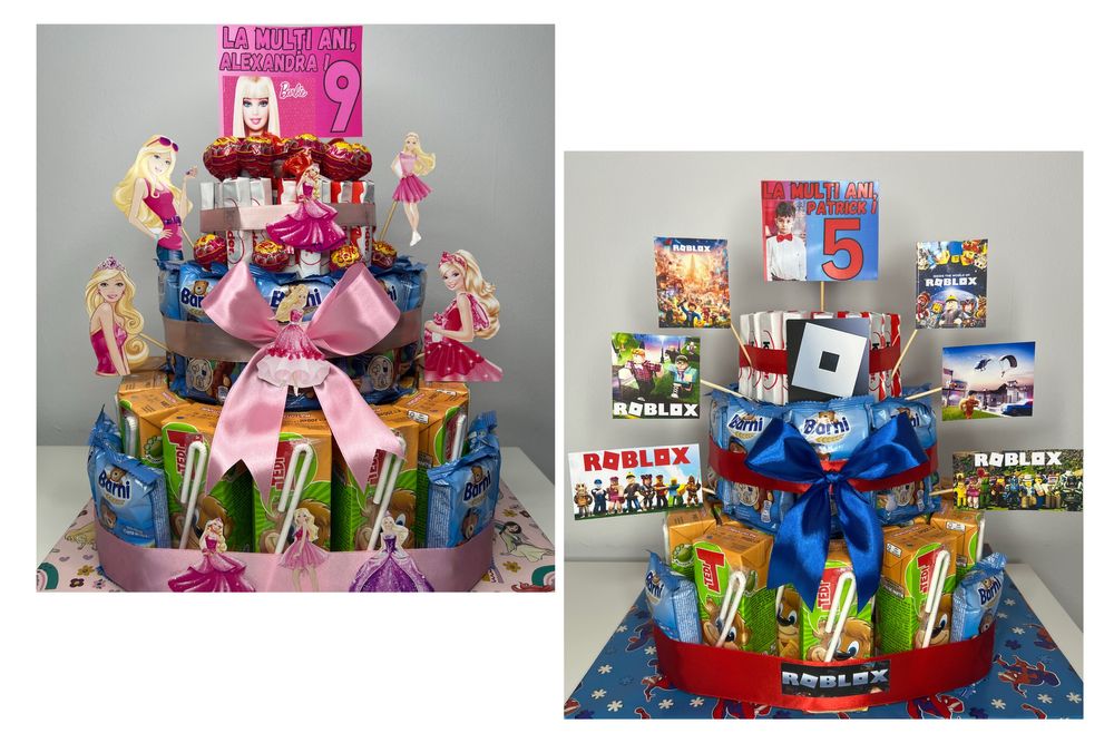 Tort din dulciuri ambalate, cu sucuri, Tedi, Barni, Kinder la alegere